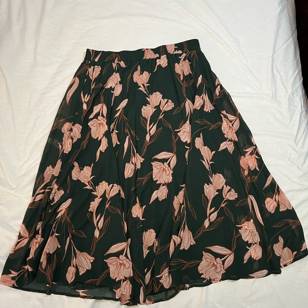 A New Day Dark Green and Pink Floral A-Line Skirt